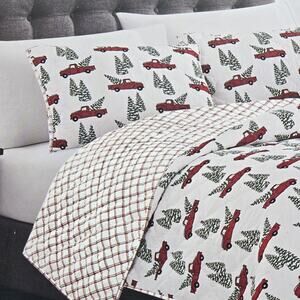 Holiday Christmas Truck Tree Reversible KING Quilt Plaid 3pc NEW FARM COTTAGECOR